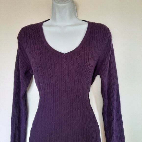 Talbots Sweaters - Talbots Women's Purple Pima Cotton Cable Knit V-Neck Sweater Large